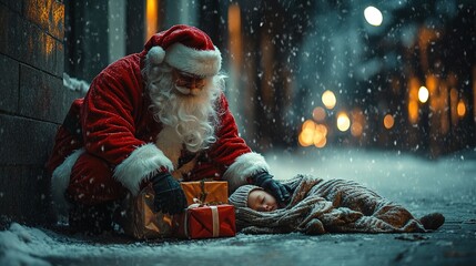 A heartwarming Christmas image of kneeling Santa Claus placing a wrapped gift next to a poor homeless child sleeping on a cold urban sidewalk. Awareness campaign. Miracle time