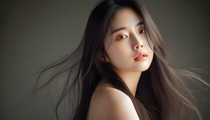 Elegant portrait of a Korean woman showcasing long, silky, and shiny hair with captivating beauty