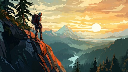 Wall Mural - Climber on a Mountain Ridge Overlooking a Valley at Sunset