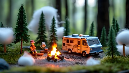 enchanting miniatures enjoying a camping adventure in a serene forest with a cozy motor home, bonfir