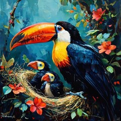 Two toucans with vibrant beaks and feathers perch in a nest among lush tropical foliage. The rich colors and natural setting highlight the beauty and diversity of wildlife in the tropics.