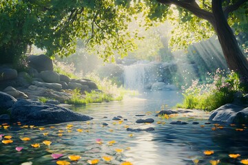 Serene Waterfall in a Sunlit Forest