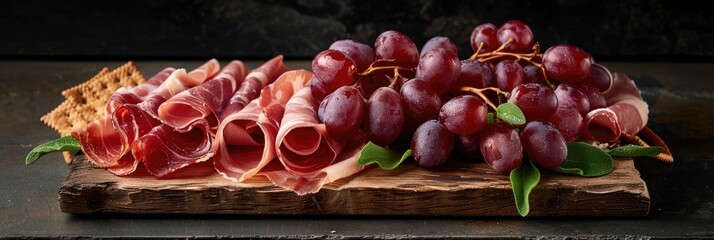 Wall Mural - Cured ham paired with grapes and crackers presented on a rustic wooden platter, perfect for appetizers or main dishes in a warm dining setting or for takeaway.