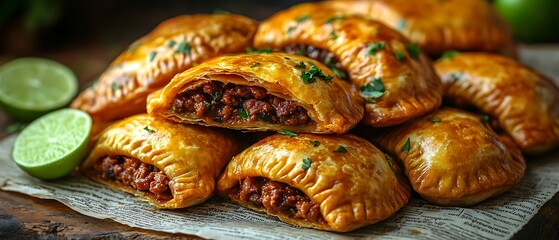 Close up of a stack of freshly baked empanadas with a savory filling, garnished with fresh parsley and lime wedges.