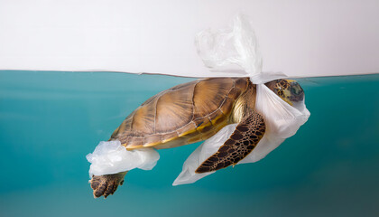 dead turtle being wrap up with plastic bag, environmental problem, plastic pollution in ocean, world