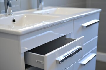 Open Drawer of White Bathroom Vanity with Chrome Faucet