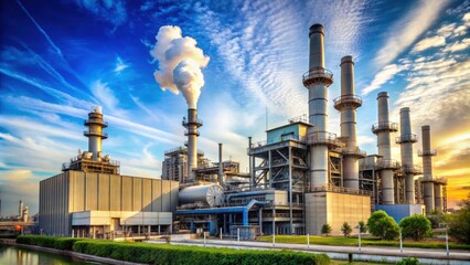 Industrial power plant with smoke stacks and modern infrastructure under blue sky , power plant, industry