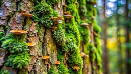 Thick tree bark covered in moss and fungi with a rough texture and shallow depth of field , bark, tree, texture, rough, surface
