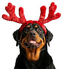 Canvas Print - PNG Rottweiler dog dog wearing a red deer antlers headband on head christmas costume photo.