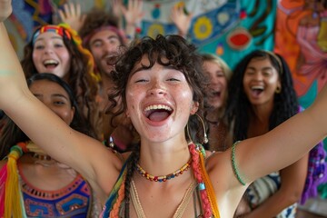 A lively studio scene filled with laughter, featuring a diverse group of joyful individuals posing together. Creative lighting and a colorful background highlight their smiles and positive energy.