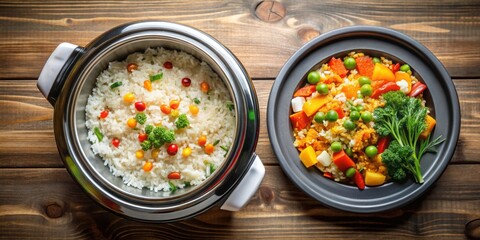 Wall Mural - Rice with vegetables in a slow cooker top view, ingredients for cooking pilaf, pilaf, rice, vegetables, slow cooker, healthy, food