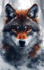 Wall Mural - a close-up portrait of a wolf with piercing amber eyes, set against a backdrop of a snowy forest.
