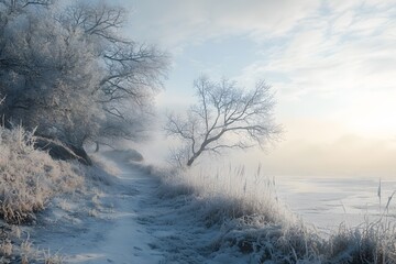 Poster - Snowy Winter Landscape with Frozen Lake