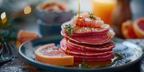 Poster - Pink Beet Pancakes with Grapefruit Segments and a Drizzle of Honey or Syrup