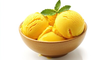 A bowl of yellow ice cream scoops garnished with mint leaves.