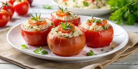 Wall Mural - Rice stuffed tomatoes on a white plate , food, Mediterranean, appetizer, vegetarian, healthy, dish, stuffed, fresh, tomatoes