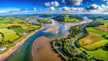 Wall Mural - A mesmerizing 360 VR aerial view of the River Exe Estuary and picturesque countryside in Devon, England