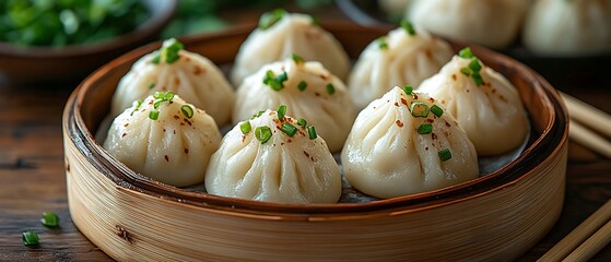 Steamed dumplings with green onions in a bamboo steamer basket.