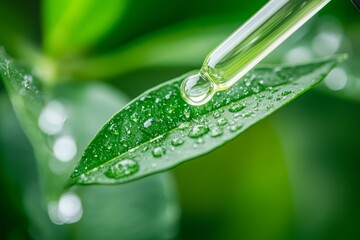 pipette dispensing golden serum onto dewy green leaves for organic skincare on a fresh morning