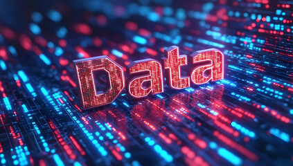 Poster - Vibrant data visualization featuring glowing text and digital streams, perfect for technology and information themes.