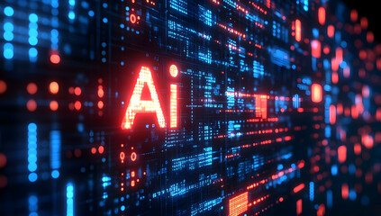 Poster - Futuristic digital background featuring glowing AI text, symbolizing advanced technology and artificial intelligence.