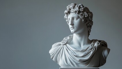 Wall Mural - A marble bust of a young man with curly hair and draped clothing.