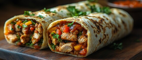 Two chicken burritos with peppers and onions, filled with salsa and cilantro, on a rustic wooden board.