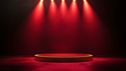 Poster - A dramatic red spotlight illuminating a round stage, creating a captivating atmosphere perfect for performances or presentations.