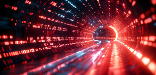 Poster - Futuristic tunnel illuminated by vibrant red and blue lights, creating a sense of depth and motion in a digital landscape.