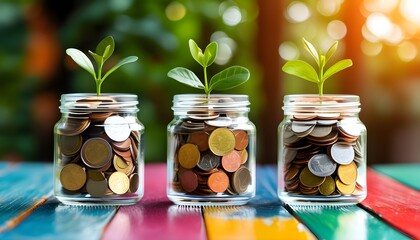 Wall Mural - Colorful wooden table showcasing glass jars filled with coins representing savings, investment, and financial growth