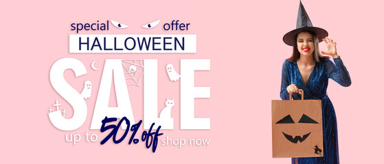 Sticker - Young woman dressed for Halloween as witch with gift bag on pink background