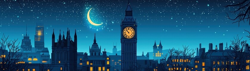 Enchanting night cityscape featuring a clock tower under a starlit sky with a crescent moon illuminating the buildings.