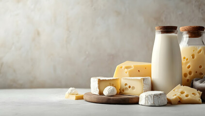 Fresh dairy products featuring various cheeses and bottles of milk, ideal for culinary and healthy lifestyle themes.