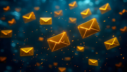 Poster - A captivating illustration of glowing orange emails floating in a digital space, symbolizing communication and connection.