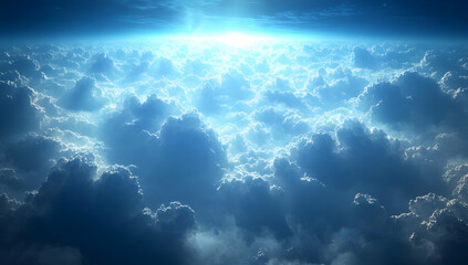 A breathtaking view of clouds illuminated by soft blue light, creating a serene atmosphere in the vast sky above.