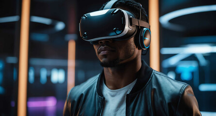 Poster - Confident Black male with VR headset in futuristic room background