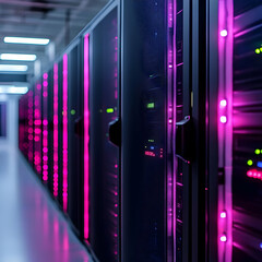Poster - A modern server room featuring sleek racks with vibrant purple lights, showcasing advanced technology and data storage solutions.