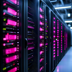Poster - Futuristic data center with illuminated servers showcasing advanced technology and vibrant colors, representing modern computing.