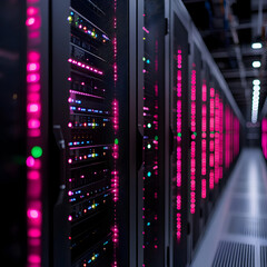 Poster - Modern data center featuring illuminated servers showcasing vibrant colors in a high-tech environment.
