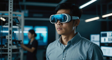 Wall Mural - Curious Asian male using augmented reality glasses in tech lab background