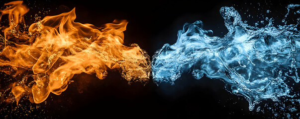 Poster - Stunning visual of fire and water colliding, showcasing dynamic movement and vivid colors in a dramatic contrast against a dark backdrop.