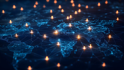 Poster - Digital world map with glowing connections and lights representing global communication and network technology.