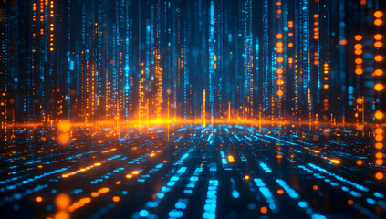 Poster - Vibrant digital landscape with glowing blue and orange lines representing data flow and technology in a futuristic setting.