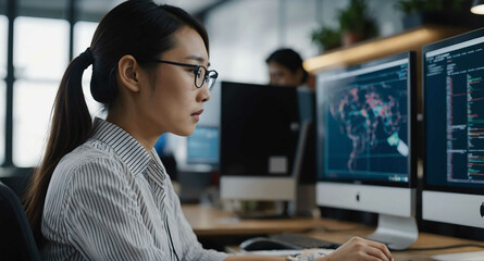 Wall Mural - Focused Asian female studying code on screen in coworking space background