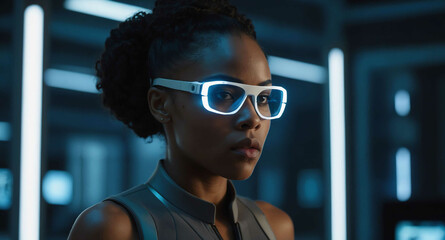 Poster - Focused Black female with wearable tech in sleek lab background