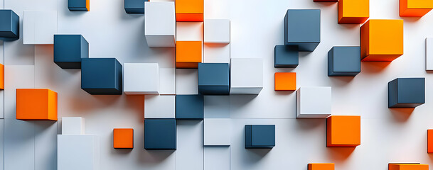 Poster - Vivid geometric pattern with colorful cubes in orange, blue, and white hues, perfect for modern design projects or art backgrounds.