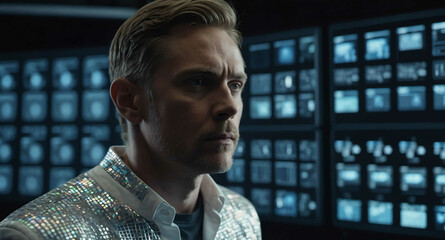 Poster - Thoughtful White male with holographic interface in digital studio background