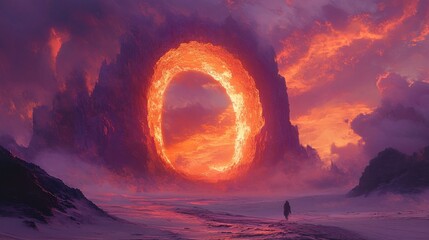 A lone figure walks towards a fiery portal in a fantastical landscape