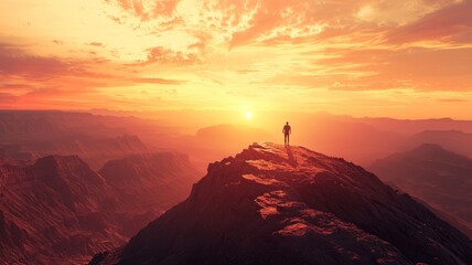 Wall Mural - A person standing on top of a mountain at sunset, wide shot, copyspace area - ai