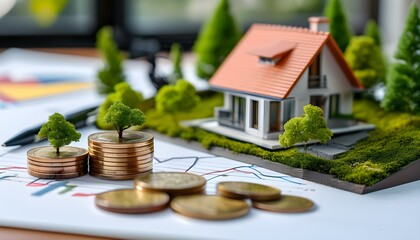 Wall Mural - Real estate investment concept featuring miniature house, financial charts, coins, and individual analyzing potential opportunities